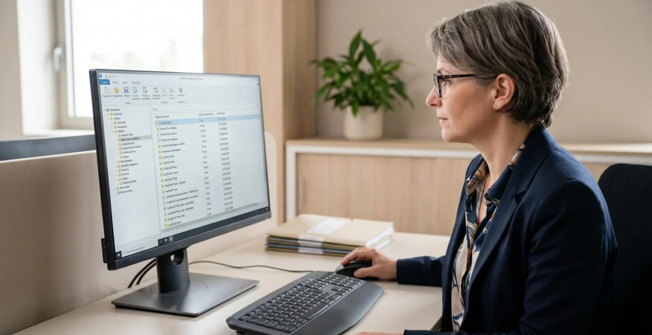 Responsable administratif français consultant un logiciel de gestion documentaire affichant une arborescence avec colonnes Type document, Durée conservation et Date limite en interface claire