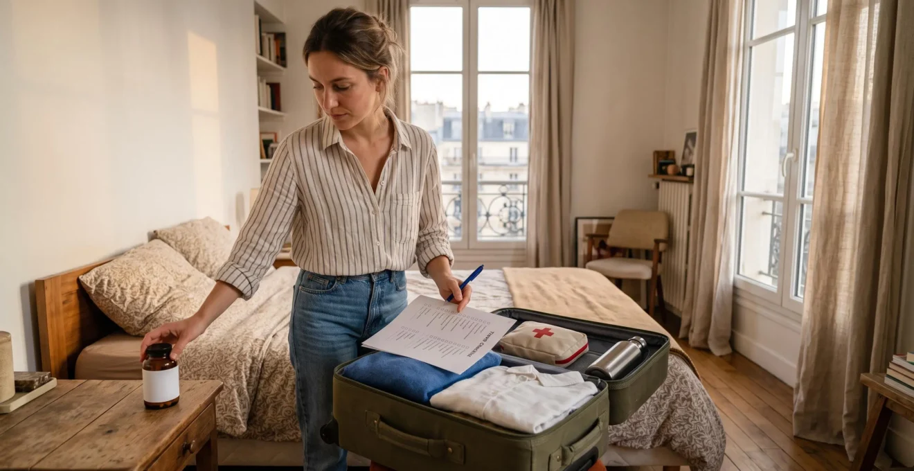Une femme vérifie une liste sur une valise ouverte dans sa chambre avant de partir en voyage.