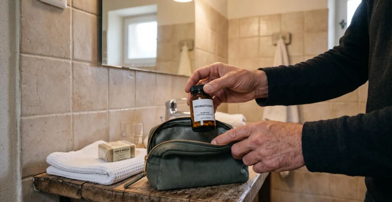 Des mains ferment une pochette isotherme contenant un flacon de probiotiques posée sur une étagère de salle de bain.