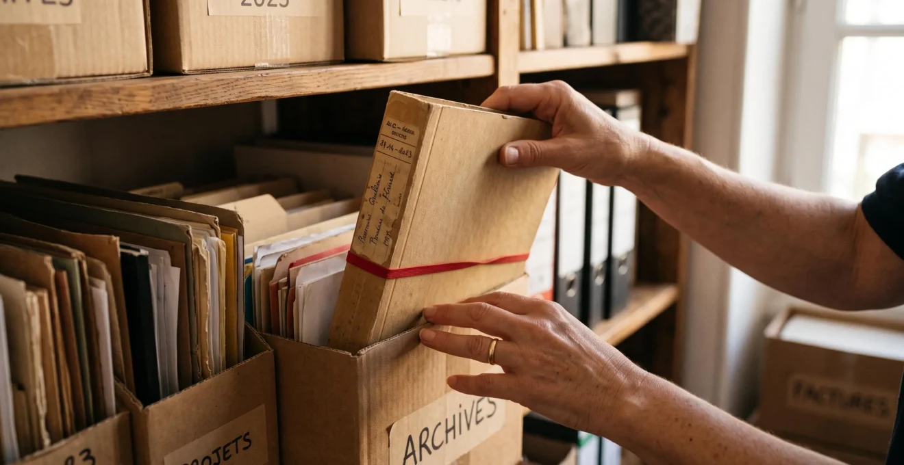 Des mains rangent un dossier de devis clôturé dans une boîte d'archives.