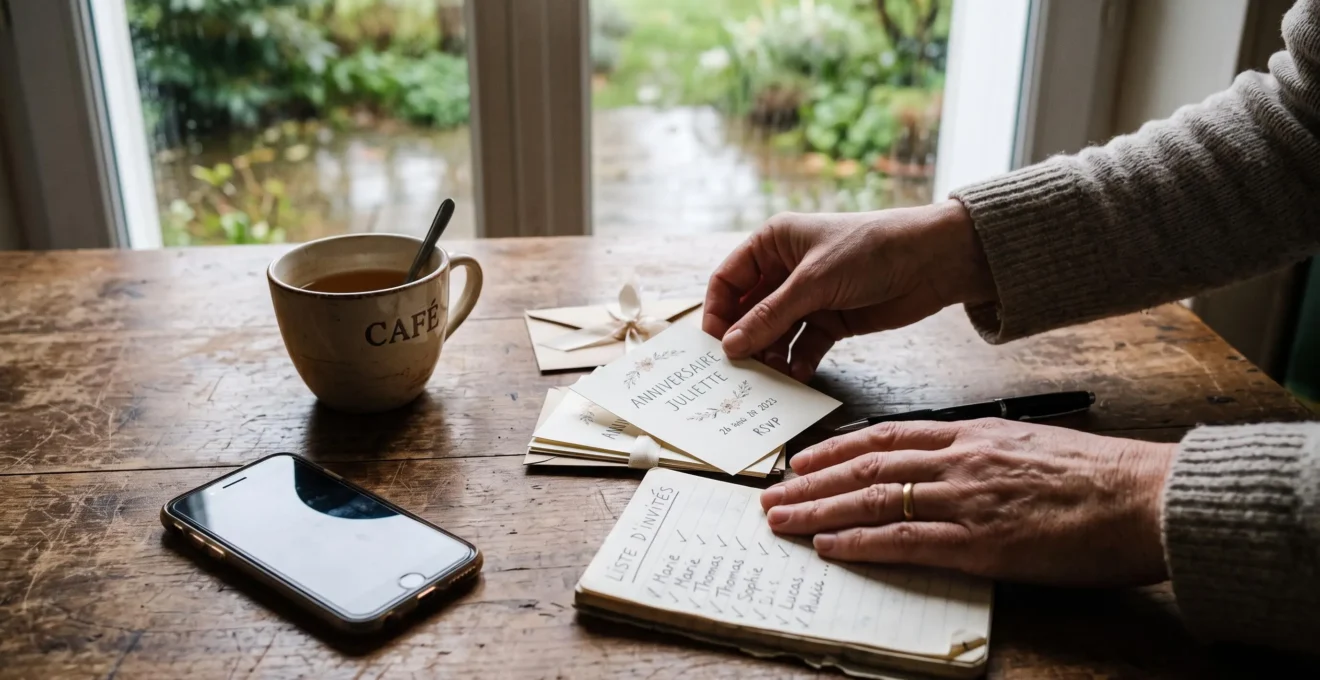 Des mains organisent des invitations et une checklist sur une table de cuisine.