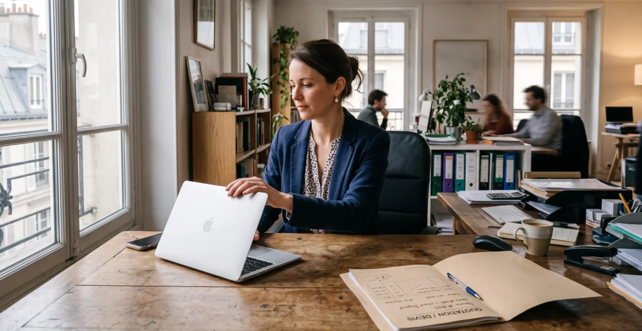 Une commerciale referme son ordinateur portable après un appel dans un bureau.