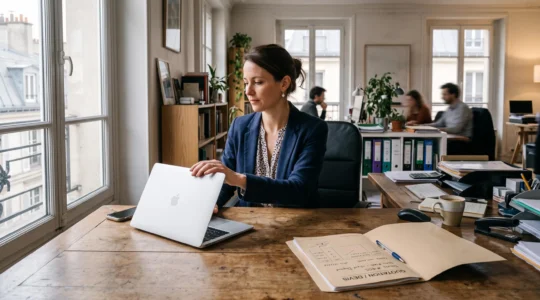 Une commerciale referme son ordinateur portable après un appel dans un bureau.