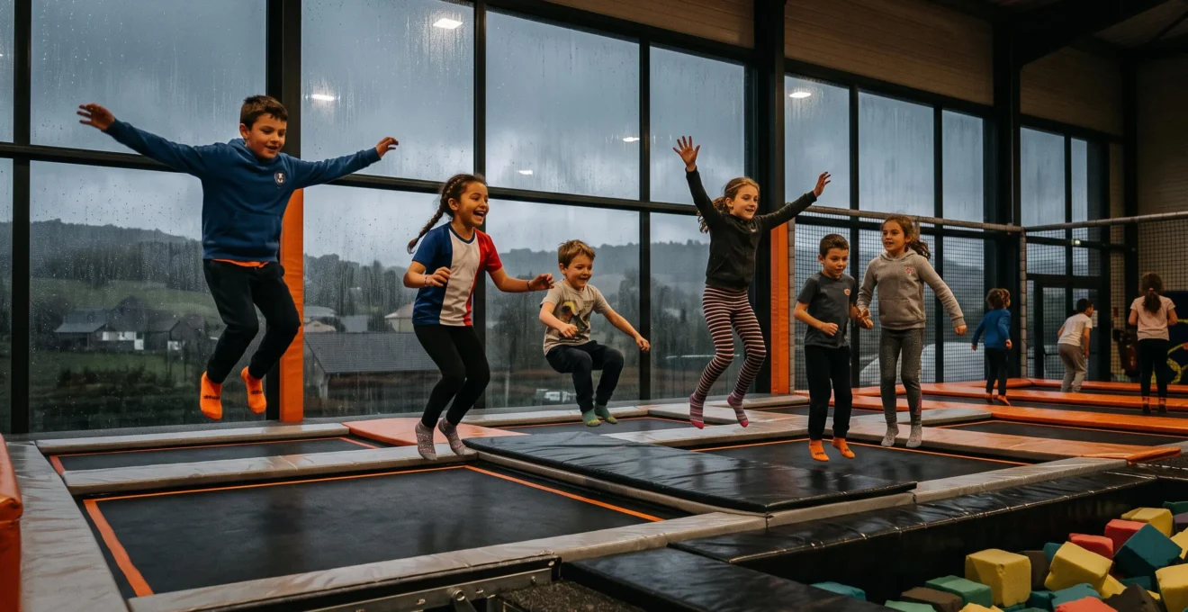 Des enfants sautent sur des trampolines dans un parc couvert pendant qu'il pleut dehors.