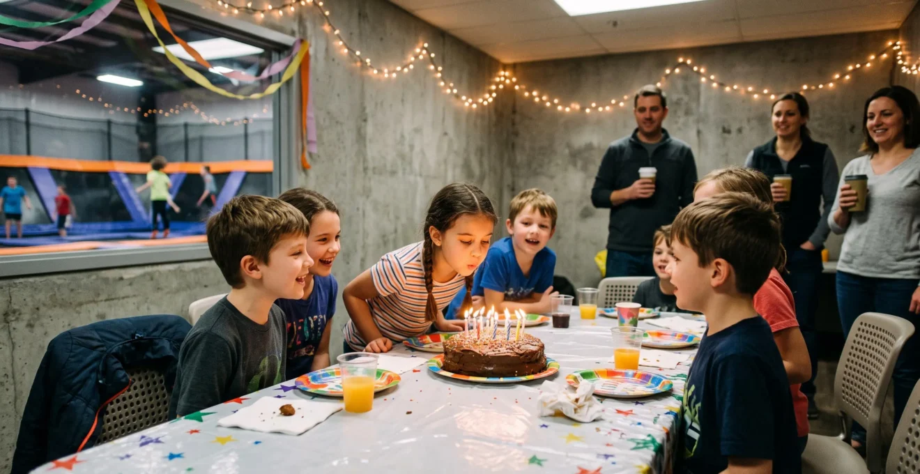 Des enfants soufflent les bougies d'un gâteau lors d'un anniversaire dans une salle du parc.