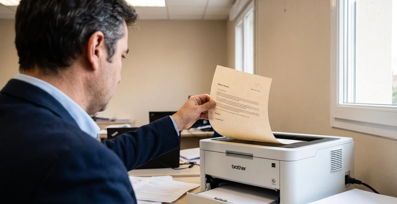 Une personne retire une lettre imprimée de la sortie d'une imprimante de bureau.